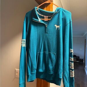 Teal Quarter-Zip Pullover with PINK VS Dog Logo